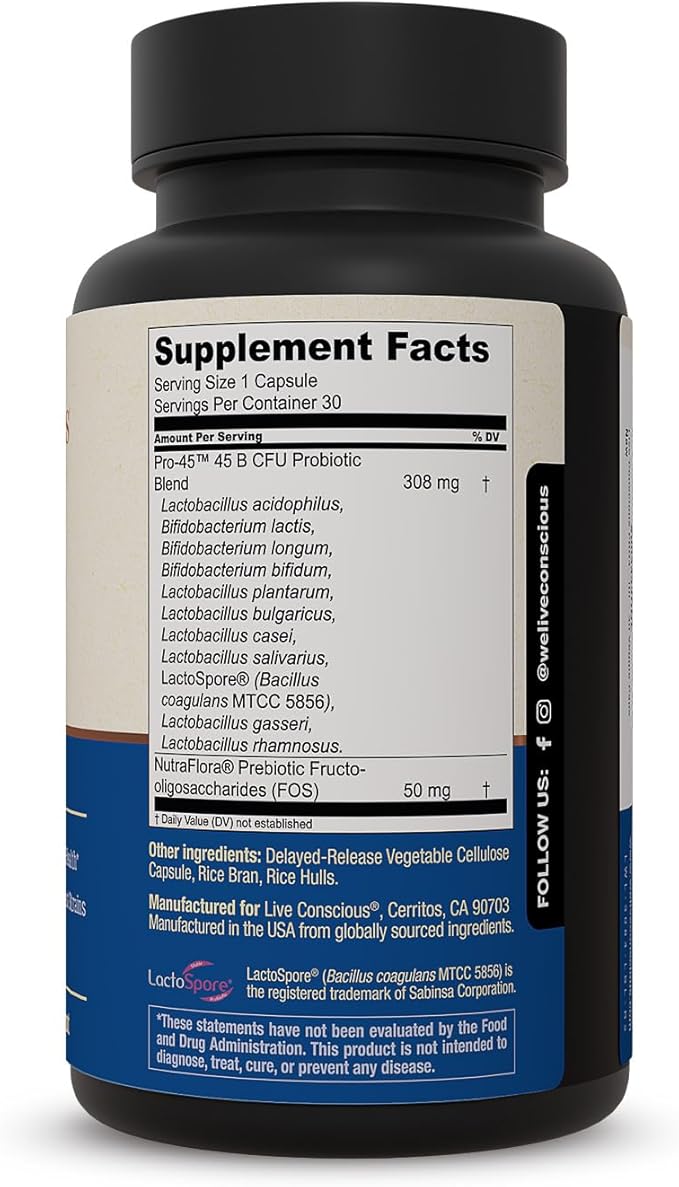Live Conscious PRO45 Probiotics for Women & Men: Comprehensive Formula, 45 Billion CFU, 11 Strains, Dairy Free - w/Prebiotics and Probiotics - Promotes Immune & Gut Health - 30 Veggie Caps-SeraviaPure