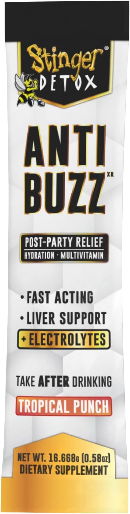 Stinger Detox Anti-Buzz Post-Celebration, Hydration & Multivitamin Packet Drink Mix | DHM, VIT. B Complex, Riboflavin, Niacin + Electrolytes | Tropical Punch 1 Pack (6 Servings)-SeraviaPure