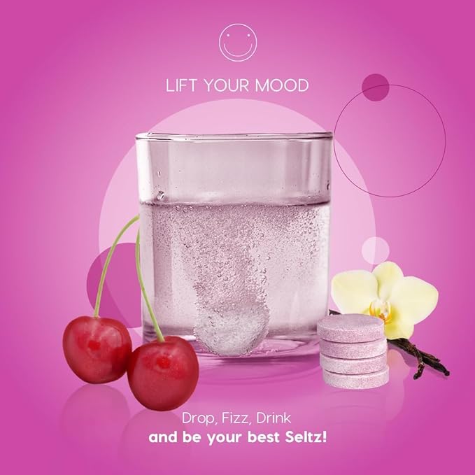 Seltz® Water-Activated Vitamins - Lift Your Mood with L-Tryptophan, Saffron Extract and Vitamins B3 B6 B12 – Natural Cherry Vanilla Flavor Dietary Supplement - 6 Packs x 20 Effervescent Tablets Each