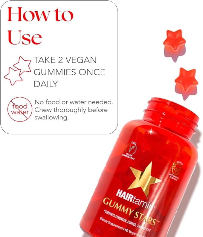 HAIRtamin Vegan Gummy Stars Hair Vitamins | Non-GMO | All Natural Biotin Hair Vitamin Gummies to Maintain Healthy Hair Skin & Nails | Multivitamin Supplement-SeraviaPure