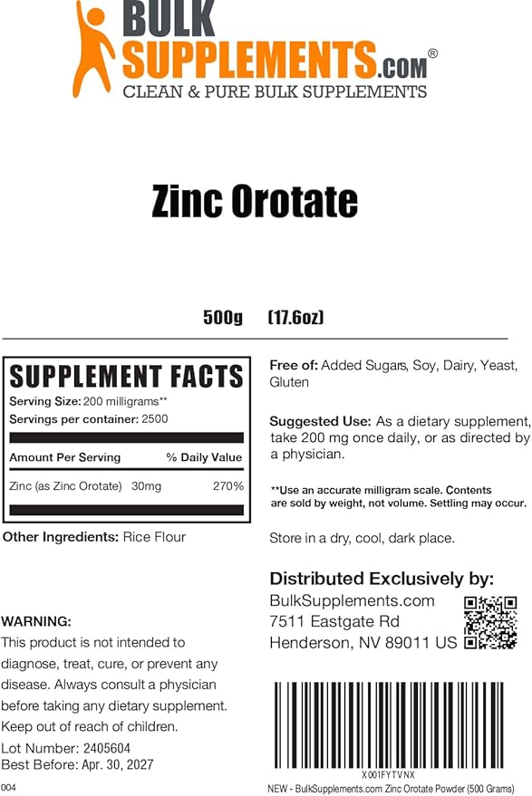 BulkSupplements.com Zinc Orotate Powder - Zinc Minerals Supplement, for Immune Support - Gluten Free, 200mg per Serving, 500g (1.1 lbs) (Pack of 1)-SeraviaPure