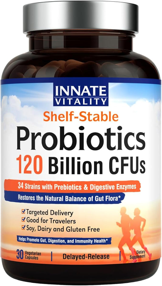 Innate Vitality Probiotics 120 Billion CFUs for Men & Women, 34 Strains with Prebiotics & Digestive Enzymes, Immune & Digestive Health, Delayed Release, Shelf Stable, 30 Vegan Capsules-SeraviaPure