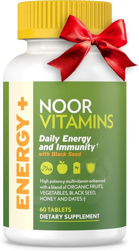 Noor Vitamins Energy+ Multivitamin; Halal Vitamin for Energy Production & Immunity, 26 Vitamins & Minerals, Black Seed, Dates, Honey, for Men & Women. Gelatin Free, 2 Month Supply-SeraviaPure