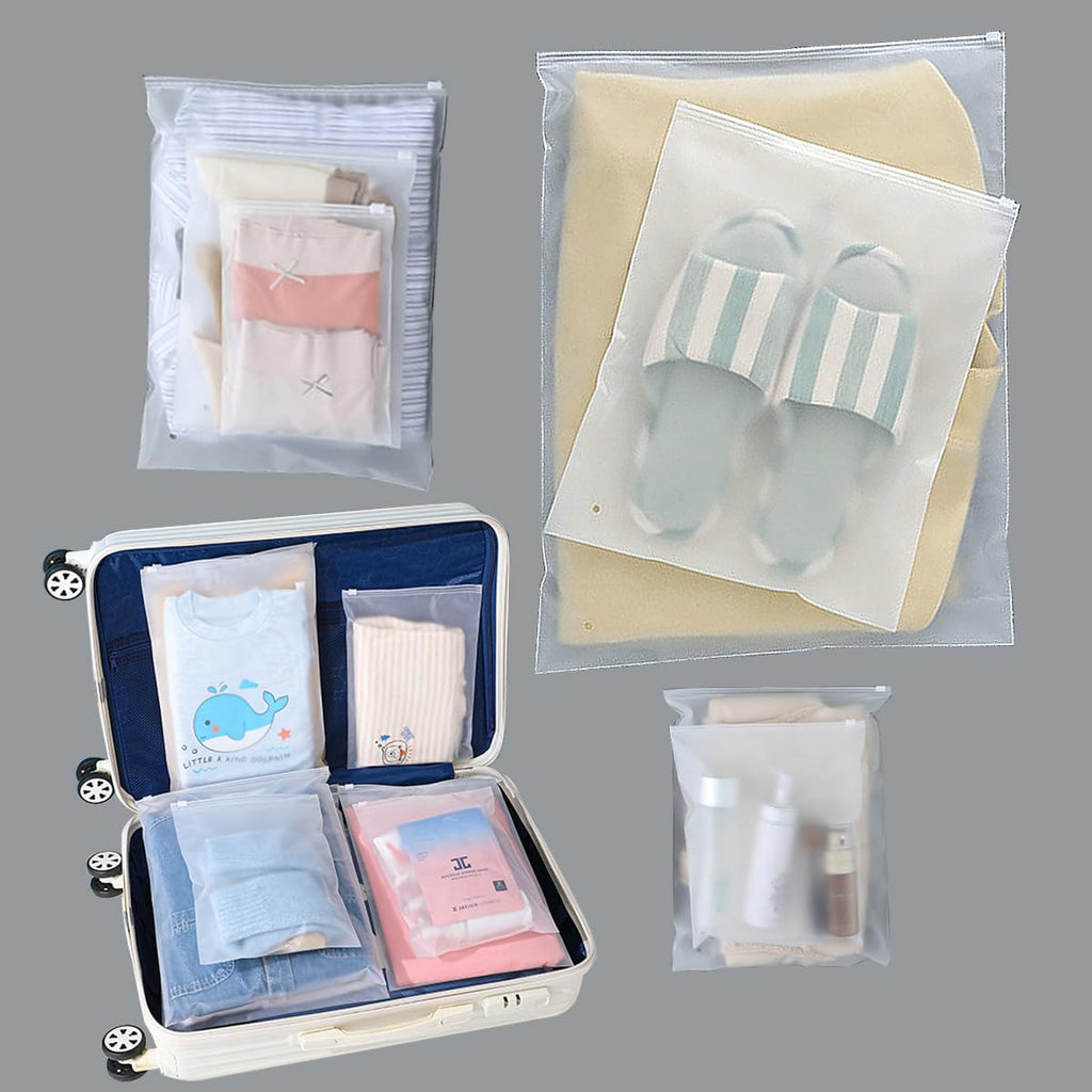 (20 pcs, 4 Sizes) Travel Luggage Organizer Bags, 4 Mil Slider Zip Plastic Clothing Packaging Bags, Travel/Home Storage and organizing pouches, Space Saver Bag (6''x9''-14‘’x18'')