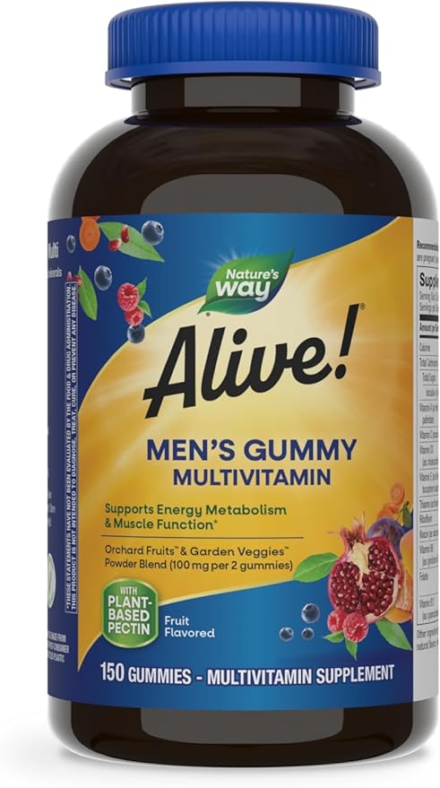 Nature's Way Alive! Men's Daily Gummy Multivitamin, Supports Energy Metabolism & Muscle Function*, B-Vitamins, Gluten-Free, Vegetarian, Fruit Flavored, 150 Gummies (Packaging May Vary)-SeraviaPure