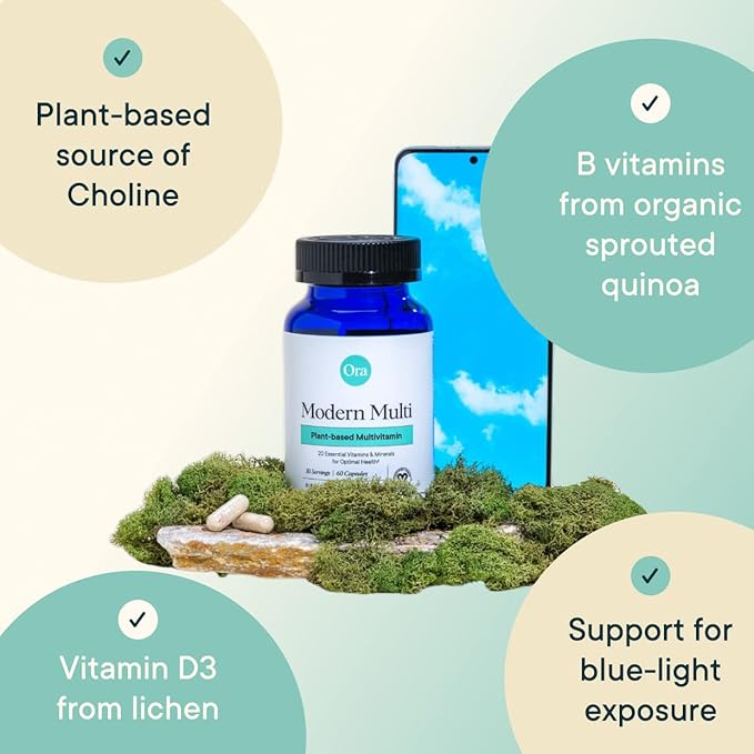 Ora Organic Plant Based Multivitamin for Women and Men, Bluelight Protection - Brain, Eye, Energy, Immune, Skin, Hair, Heart, and Bone Health Support, 60 Vegan Capsules-SeraviaPure