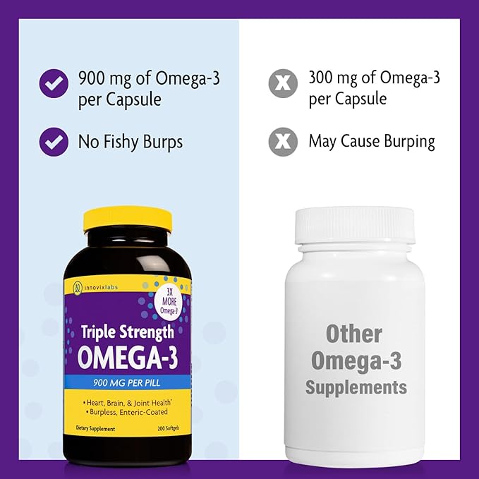 InnovixLabs Triple Strength Omega 3 Fish Oil Supplement, 900 mg, Pure EPA DHA Omega 3 Supplement Brain and Joints, Burpless Omega-3 for Women and Men with Enteric Coating, 200 Capsules-SeraviaPure
