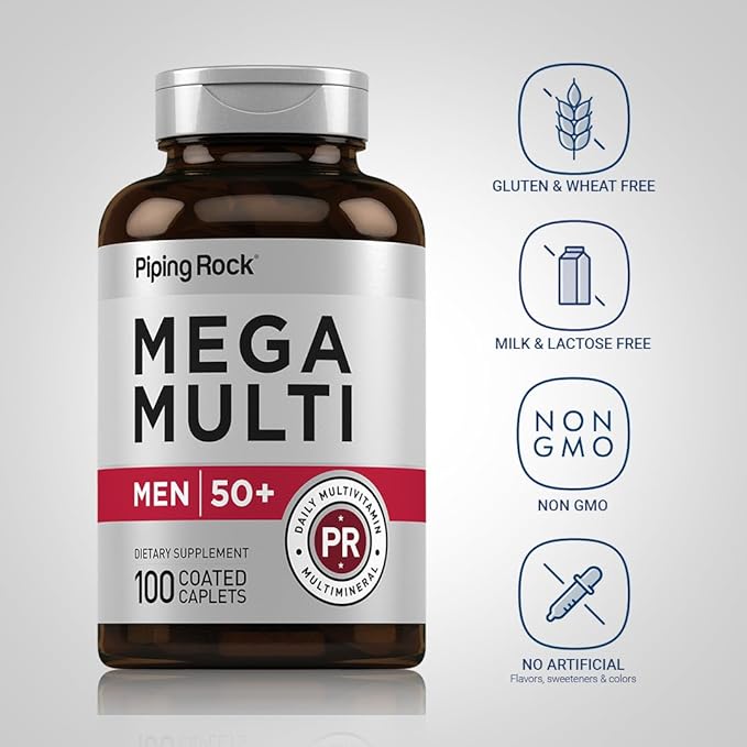 Piping Rock Multivitamin for Men Over 50 Plus | 100 Caplets | with Vitamin D3, Potassium, Folate | Daily Mega Multi Mineral Supplement | Non-GMO, Gluten Free-SeraviaPure