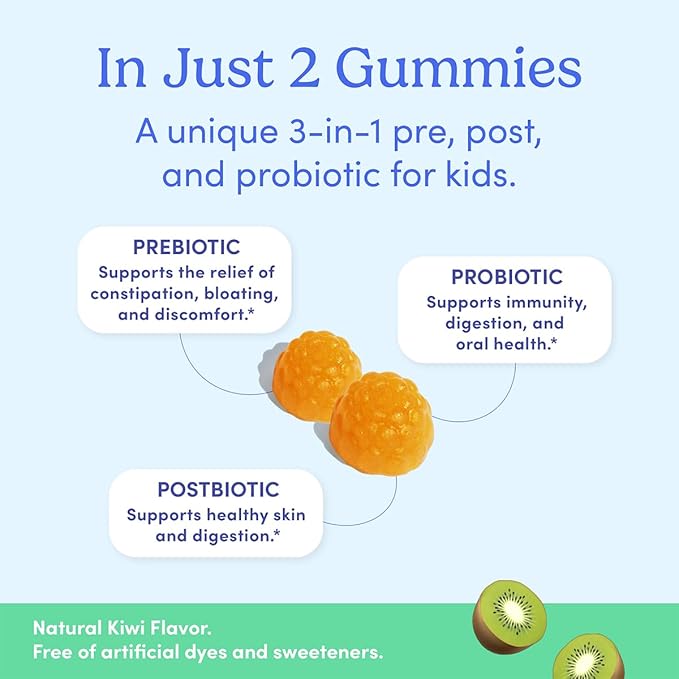 FIRST DAY Kids Probiotic Gummies - 3 in 1 Probiotics for Kids + Prebiotic & Postbiotic - Prebiotics & Probiotics for Digestive Health & Immune Support – Vegan, Gluten Free, 60-Day Supply