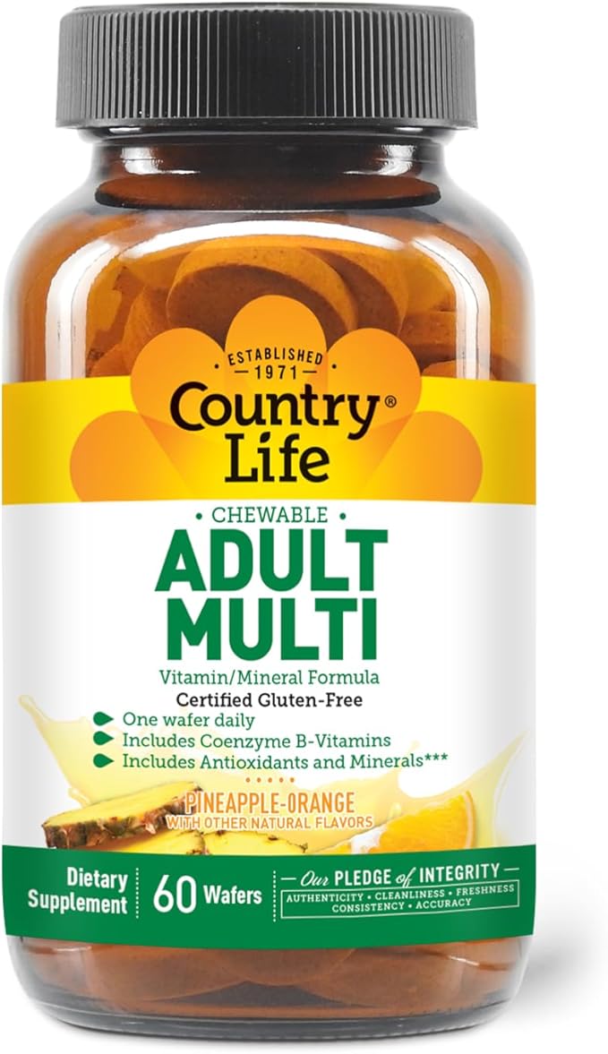 Country Life Adult Chewable Multivitamin with Coenzyme B-Vitamins, Antioxidants, Minerals, Pineapple-Orange Flavor - Supports Energy Metabolism and Immune Health, Gluten Free - 60 Wafers-SeraviaPure