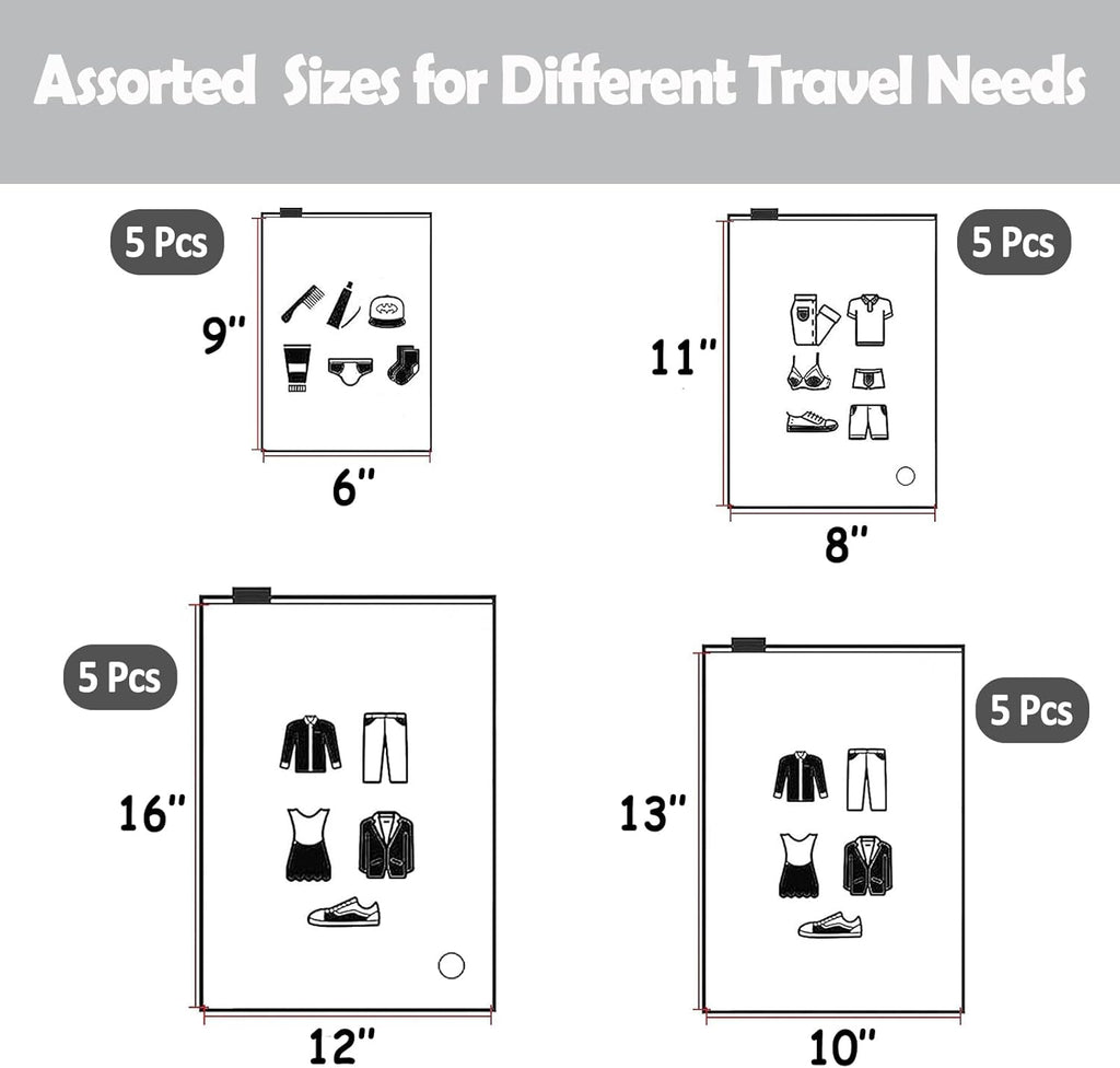 (20 pcs Value Pack) Travel Luggage Organizer Bags, Assorted Sizes, 4Mil Resealable Slider Zip Plastic Clothing Packaging, Frosted Travel/Home Storage and organizing Pouches, Space Saver Bag