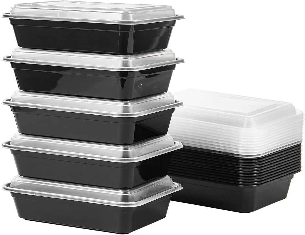 24 oz Meal Prep Containers With Lids Reusable 50 Pack Extra-thick Plastic Food Storage Black Disposable To Go Lunch Box BPA Free Stackable Microwave Dishwasher Freezer Safe (Formerly FULING)