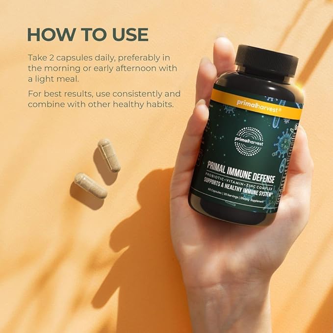 Primal Harvest Primal Immune Defense 10-in-1 Immune Defense Supplement: with 7 Billion CFU Probiotics, Zinc, Vitamins C, B6, D3, K2 - Immune Boosters for Adults 60 Capsules (1 Pack)-SeraviaPure