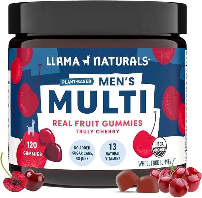 Llama Naturals Real Fruit Gummy Vitamins for Men | No Added Sugar Cane | Whole Food Multivitamin Gummies | Vegan, Organic, Chewable | 120 ct | 30 Day Supply | Cherry-SeraviaPure
