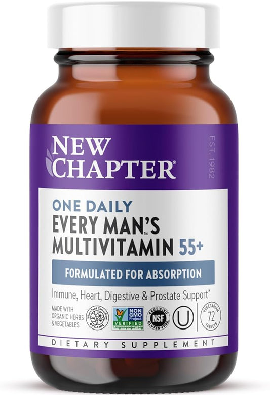 New Chapter Men's Multivitamin 50 Plus for Brain, Heart, Digestive, Prostate & Immune Support with 20+ Nutrients + Astaxanthin - Every Man's One Daily 55+, Gentle on The Stomach - 72 ct-SeraviaPure