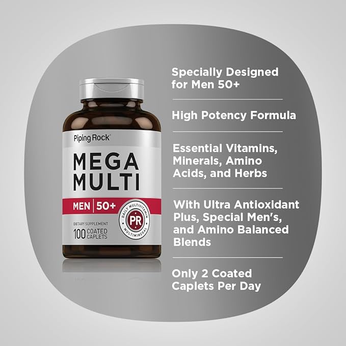 Piping Rock Multivitamin for Men Over 50 Plus | 100 Caplets | with Vitamin D3, Potassium, Folate | Daily Mega Multi Mineral Supplement | Non-GMO, Gluten Free-SeraviaPure