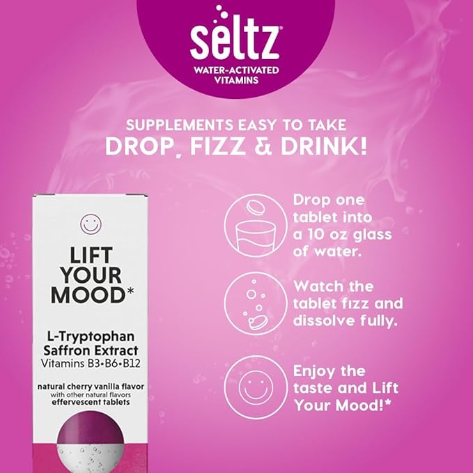 Seltz® Water-Activated Vitamins - Lift Your Mood with L-Tryptophan, Saffron Extract and Vitamins B3 B6 B12 – Natural Cherry Vanilla Flavor Dietary Supplement - 6 Packs x 20 Effervescent Tablets Each