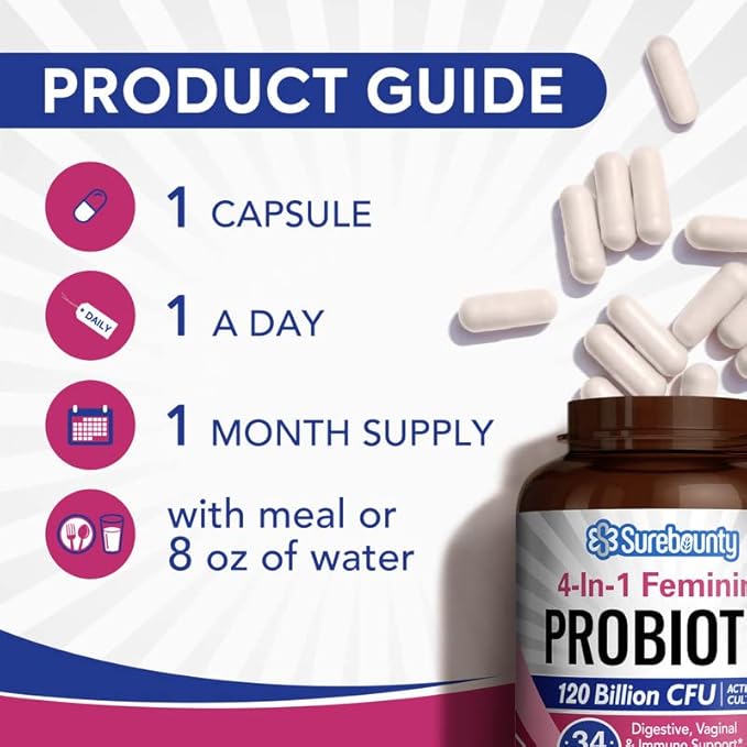 Probiotics for Women, 120 Billion CFU 34 Strains, Prebiotics, Digestive Enzymes, Cranberry, 4-in-1 Feminine Probiotic, Digestive, Vaginal, Immune Support, 30ct-SeraviaPure