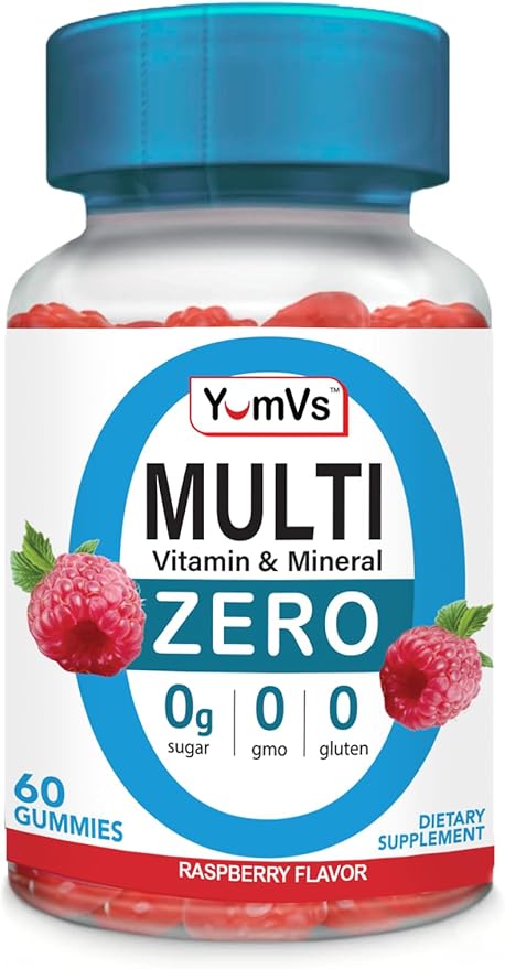 YUM-V'S Multivitamin Zero Gummies by YumVs | Sugar-Free Vitamins Supplement for Women & Men | Chromium, Thiamine, and Magnesium | Natural Raspberry Flavor Chewables - 60 Count-SeraviaPure