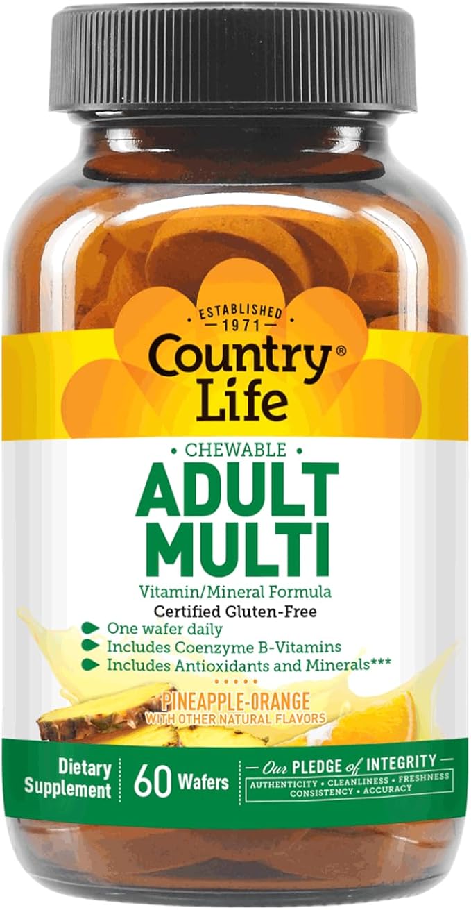Country Life Adult Chewable Multivitamin with Coenzyme B-Vitamins, Antioxidants, Minerals, Pineapple-Orange Flavor - Supports Energy Metabolism and Immune Health, Gluten Free - 60 Wafers-SeraviaPure