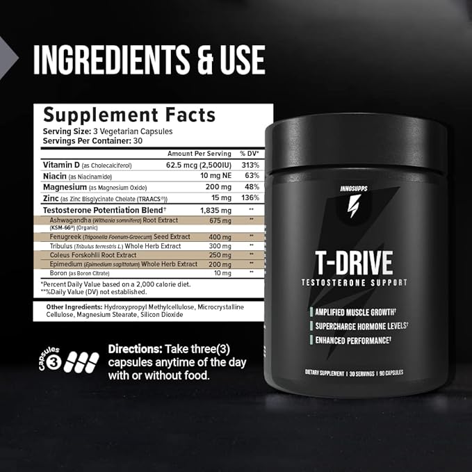 InnoSupps : T-Drive | Testosterone Booster | Amplify Muscle Growth | KSM-66 Ashwagandha, Boron, Fenugreek | 90 Capsules-SeraviaPure