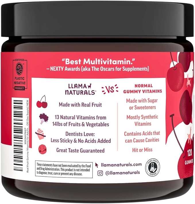 Llama Naturals Real Fruit Gummy Vitamins for Adults | No Added Sugar Cane | Whole Food Multivitamin Gummies | Women + Men | Vegan, Organic, Chewable | 120 ct, 30 Day Supply | Cherry-SeraviaPure
