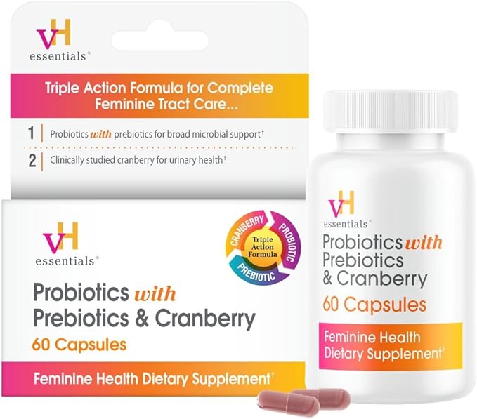vH Essentials Probiotics for Women with Prebiotics, Cranberry & Vitamin C - 60 Capsules (30 Day Supply) - Vaginal Probiotics Support Gut Balance, Vaginal Health & Urinary Tract Health for Women-SeraviaPure