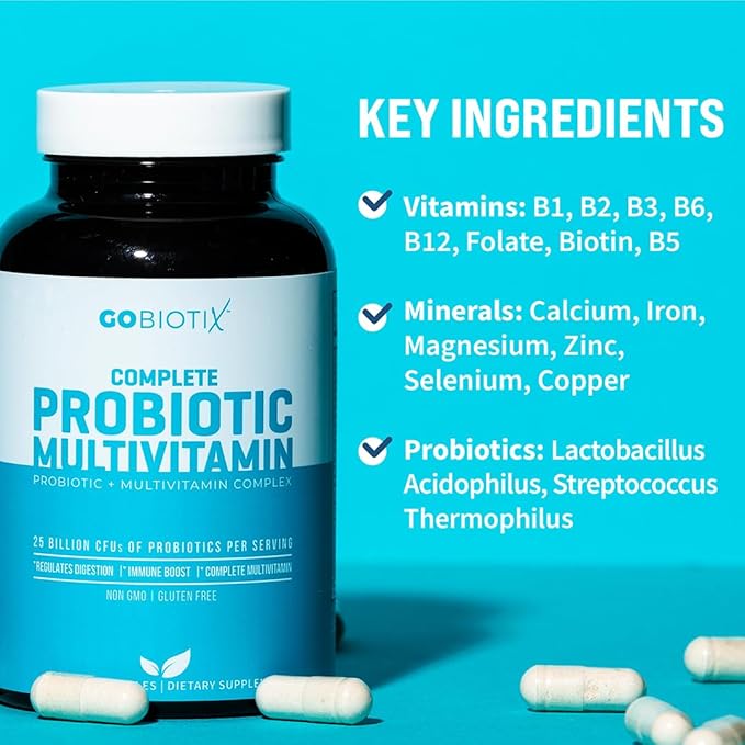 GOBIOTIX Probiotic Multivitamin Supplement - Daily Multivitamins with Probiotics - 25 Billion CFU - Boost Immunity and Digestive Health, Probiotics for Women and Men - Gluten Free Pills - 90 Capsules-SeraviaPure