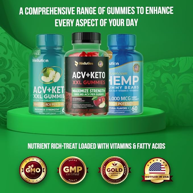 WELLUTION XXL Keto ACV Gummies: 1,000 mg, Sugar-Free, 60 Count, Aiding Digestion & Detox, Boosting Metabolism, Weight Loss Support, Apple-Flavored for Men & Women-SeraviaPure
