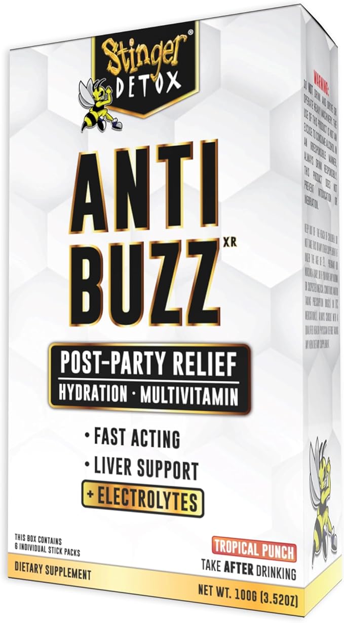Stinger Detox Anti-Buzz Post-Celebration, Hydration & Multivitamin Packet Drink Mix | DHM, VIT. B Complex, Riboflavin, Niacin + Electrolytes | Tropical Punch 1 Pack (6 Servings)-SeraviaPure