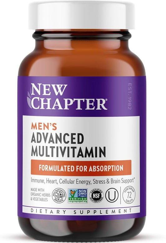 New Chapter Men's Multivitamin Advanced Formula for Stress, Brain, Immune, Heart & Energy Support, Higher Levels of Whole-Food Fermented Essential Nutrients for Men + Selenium + B Vitamins, 72 ct-SeraviaPure