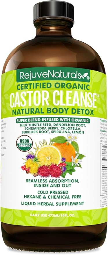 RejuveNaturals Castor Cleanse™ - USDA Organic Castor Oil, Chlorella, Spirulina, Roots & Greens for Wellness, Digestive Support, Daily Balance. 3-Month Supply Gut Cleanse Detox for Women & Men - 16oz.-SeraviaPure