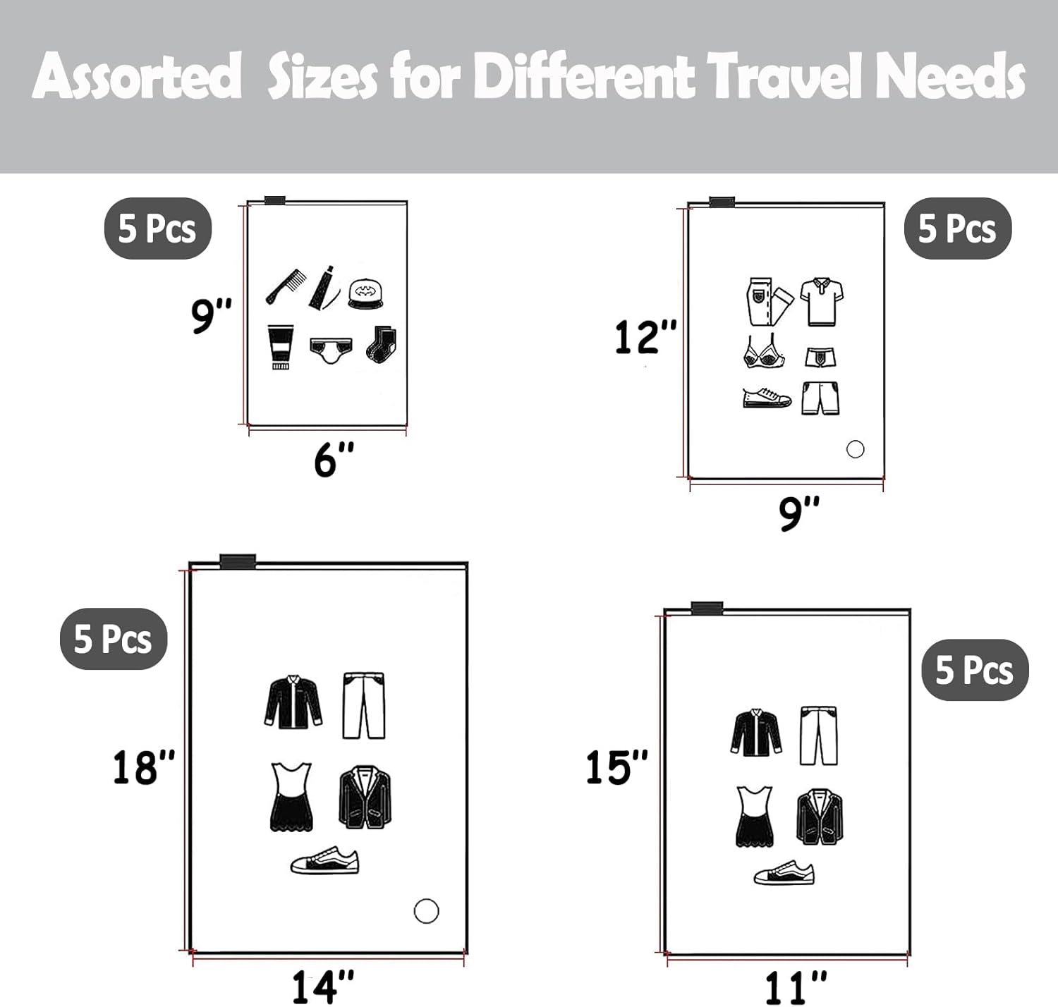 (20 pcs, 4 Sizes) Travel Luggage Organizer Bags, 4 Mil Slider Zip Plastic Clothing Packaging Bags, Travel/Home Storage and organizing pouches, Space Saver Bag (6''x9''-14‘’x18'')