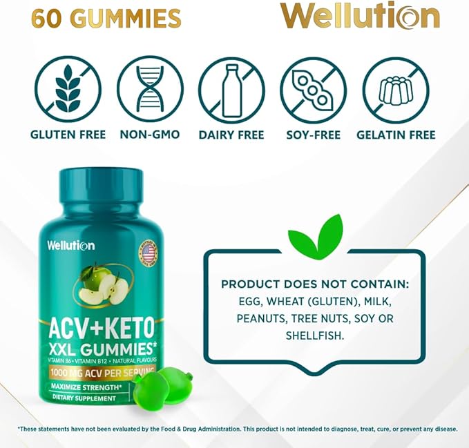 WELLUTION XXL Keto ACV Gummies: 1,000 mg, Sugar-Free, 60 Count, Aiding Digestion & Detox, Boosting Metabolism, Weight Loss Support, Apple-Flavored for Men & Women-SeraviaPure