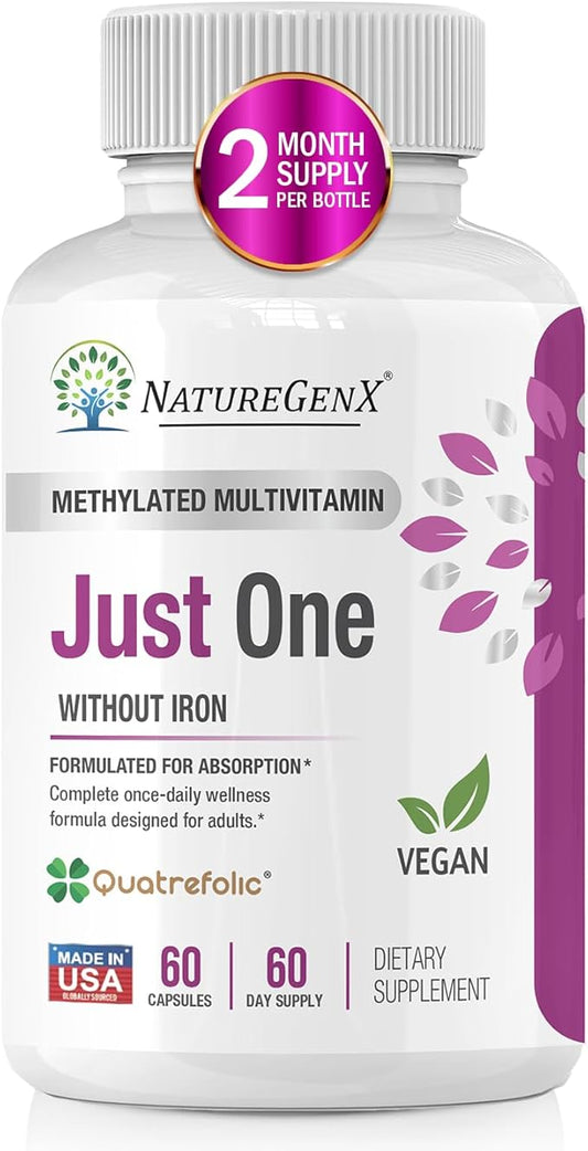 Just One Daily Methylated Multivitamin - 60 Caps Pure Methyl B12, Methylfolate MTHFR Support Supplement Iron Free Methylated Vitamins for Men & Women 2 Months Supply Gluten Free-SeraviaPure