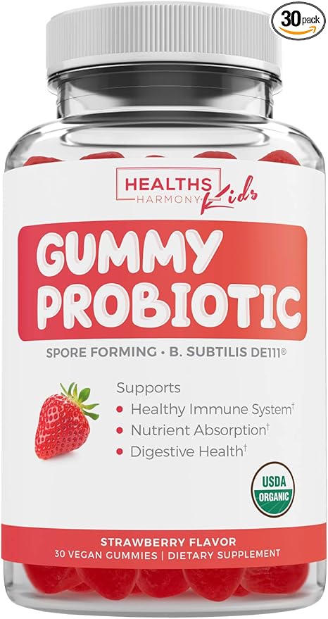 USDA Organic Probiotics for Kids (Non-GMO) Strawberry Flavor Kids Probiotic Gummies for Digestion & Immune Support - 2.5 Billion CFU of DE111 Spore Forming Strain for Maximum Survivability - 30 Gummys-SeraviaPure