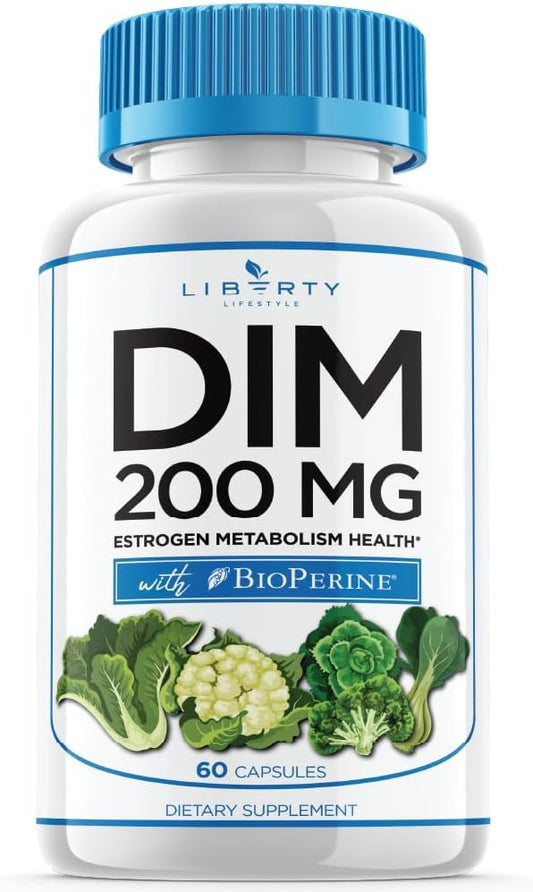 DIM Supplement 200mg - DIM Diindolylmethane Plus BioPerine - Estrogen Balance, Hormone Menopause Relief, Acne Treatment, Vegan - 60 Count