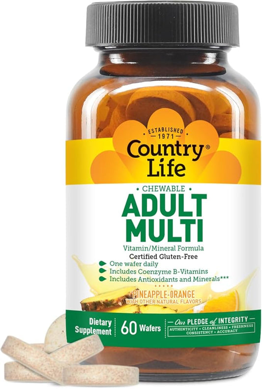 Country Life Adult Chewable Multivitamin with Coenzyme B-Vitamins, Antioxidants, Minerals, Pineapple-Orange Flavor - Supports Energy Metabolism and Immune Health, Gluten Free - 60 Wafers-SeraviaPure