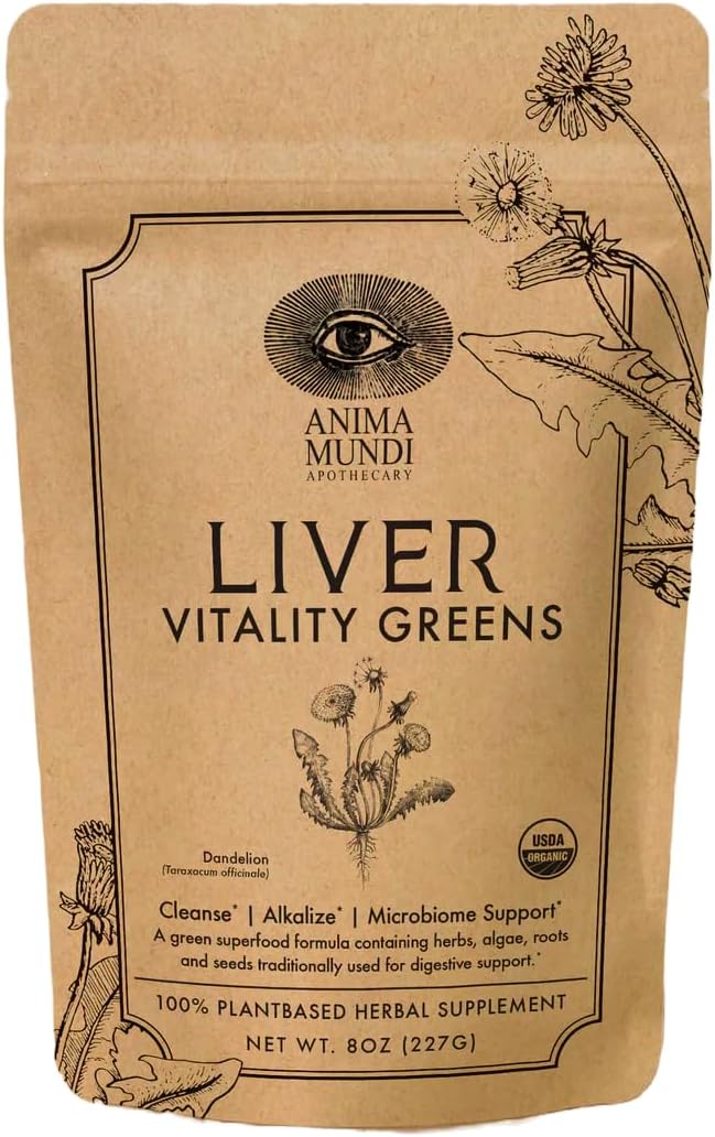 Anima Mundi Apothecary Super Greens Powder - Liver Vitality - Organic Superfood Greens & Herbal Prebiotics for Liver Detox, Cleanse & Support - with Fair Trade Dandelion, Milk Thistle & More (8oz)-SeraviaPure
