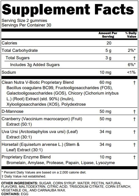 Clean Nutra Vaginal Probiotic Gummies for Women Cranberry Digestive Enzymes D Mannose Womens Probiotic Dmannose Horsetail Bromelain Chicory Fiber Feminine Care Prebiotics Inulin Papaya Enzyme Gummy