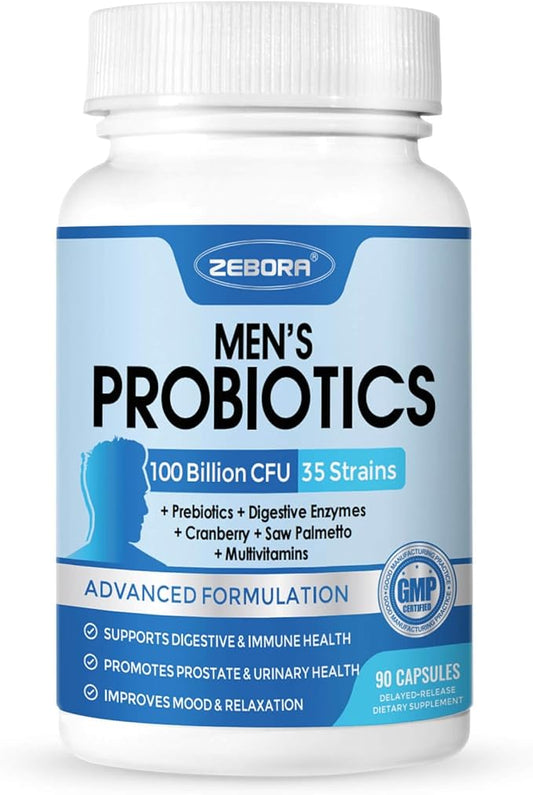 ZEBORA Probiotics for Men 100 Billion CFU - Probiotics for Digestive Health, Men's Probiotics Supplement, Prebiotics & Enzymes, for Prostate Health with Saw Palmetto | 90 Veg Capsules-SeraviaPure