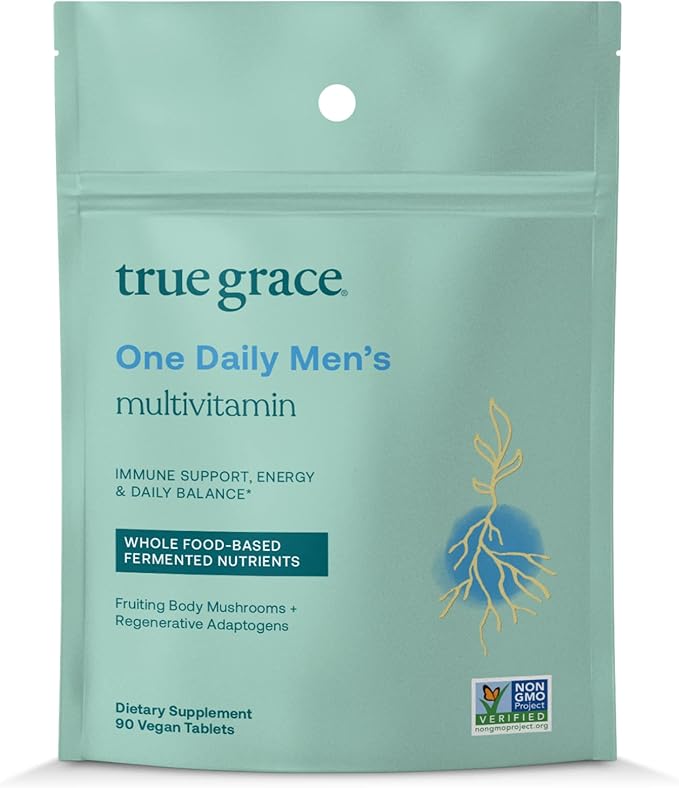 True Grace One Daily Men’s Multivitamin Fermented Minerals, Organic Adaptogens & Mushrooms Whole Body Balance Immune, Endurance, Bone & Heart Support - Non-GMO, Gluten Free - 90 Vegan Tablets-SeraviaPure