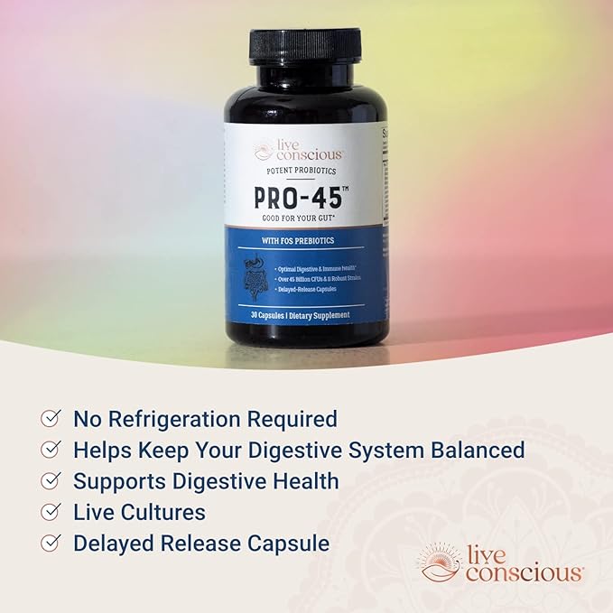 Live Conscious PRO45 Probiotics for Women & Men: Comprehensive Formula, 45 Billion CFU, 11 Strains, Dairy Free - w/Prebiotics and Probiotics - Promotes Immune & Gut Health - 30 Veggie Caps-SeraviaPure