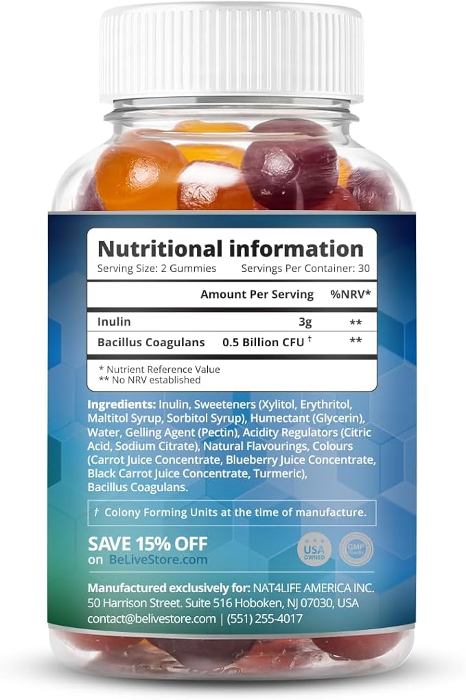 BeLive Synbiotics - Probiotic & Prebiotic Fiber Gummies – High Strength Inulin (3g), Dietary Fiber Supplement, Digestive Support for Kids & Adults - Strawberry, Lemon, Blueberry Flavor (60Ct)-SeraviaPure