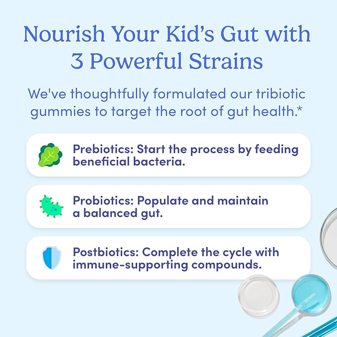 FIRST DAY Kids Probiotic Gummies - 3 in 1 Probiotics for Kids + Prebiotic & Postbiotic - Prebiotics & Probiotics for Digestive Health & Immune Support – Vegan, Gluten Free, 60-Day Supply