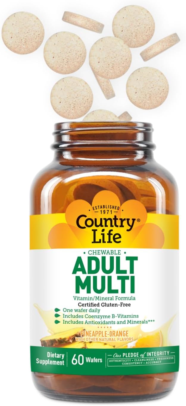 Country Life Adult Chewable Multivitamin with Coenzyme B-Vitamins, Antioxidants, Minerals, Pineapple-Orange Flavor - Supports Energy Metabolism and Immune Health, Gluten Free - 60 Wafers-SeraviaPure