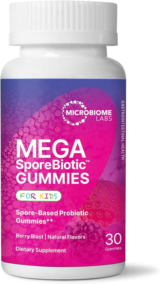 Microbiome Labs MegaSporeBiotic Kids Probiotic - Spore Based Gummy Probiotics for Kids - Supports Gut Health & Immunity with Bacillus Probiotic Blend - Berry Flavored (30 Gummies)-SeraviaPure