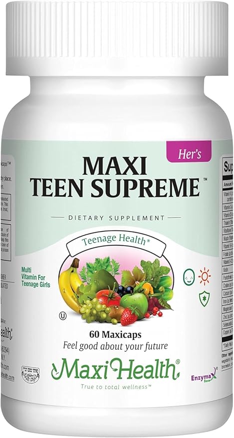 Maxi Health Teen Multivitamin for Girls 12-17 years, Natural Vitamins and Minerals Enhances Development and Immune Health, Best Kosher Supplement for Teenagers, 60 Count-SeraviaPure
