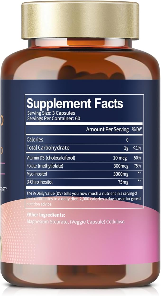 Inositol Supplement for Women with Vitamin D3, Folate, 40:1 Ratio Myo-Inositol & D-Chiro Inositol Complex, (Vitamin B8) Inositol Capsules, 180 Capsules, 60 Servings, 2 Month Supply-SeraviaPure