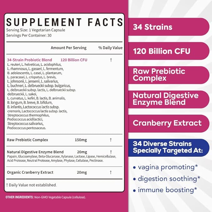 Probiotics for Women, 120 Billion CFU 34 Strains, Prebiotics, Digestive Enzymes, Cranberry, 4-in-1 Feminine Probiotic, Digestive, Vaginal, Immune Support, 30ct-SeraviaPure